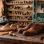 Handgefertigte orthopädische Maßschuhe aus Leder mit Leisten und Werkzeug in der Meisterwerkstatt