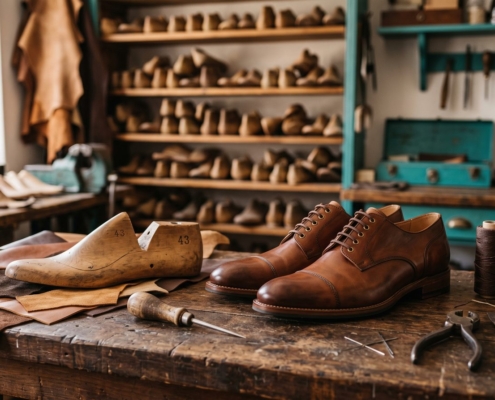 Handgefertigte orthopädische Maßschuhe aus Leder mit Leisten und Werkzeug in der Meisterwerkstatt