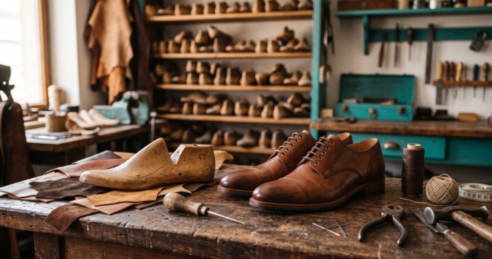 Handgefertigte orthopädische Maßschuhe aus Leder mit Leisten und Werkzeug in der Meisterwerkstatt