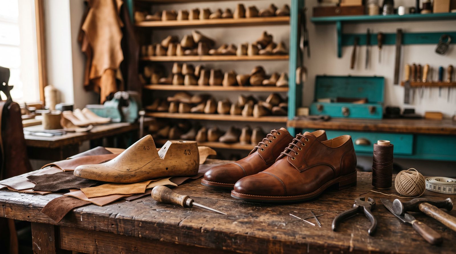 Handgefertigte orthopädische Maßschuhe aus Leder mit Leisten und Werkzeug in der Meisterwerkstatt